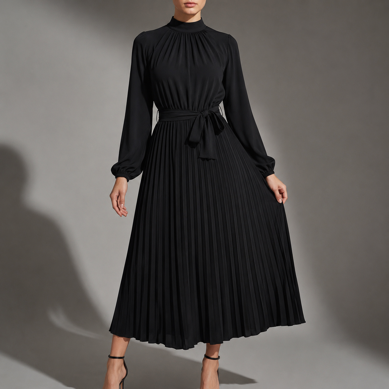 Plisse Belted High-Neck Pleated Midi Dress
