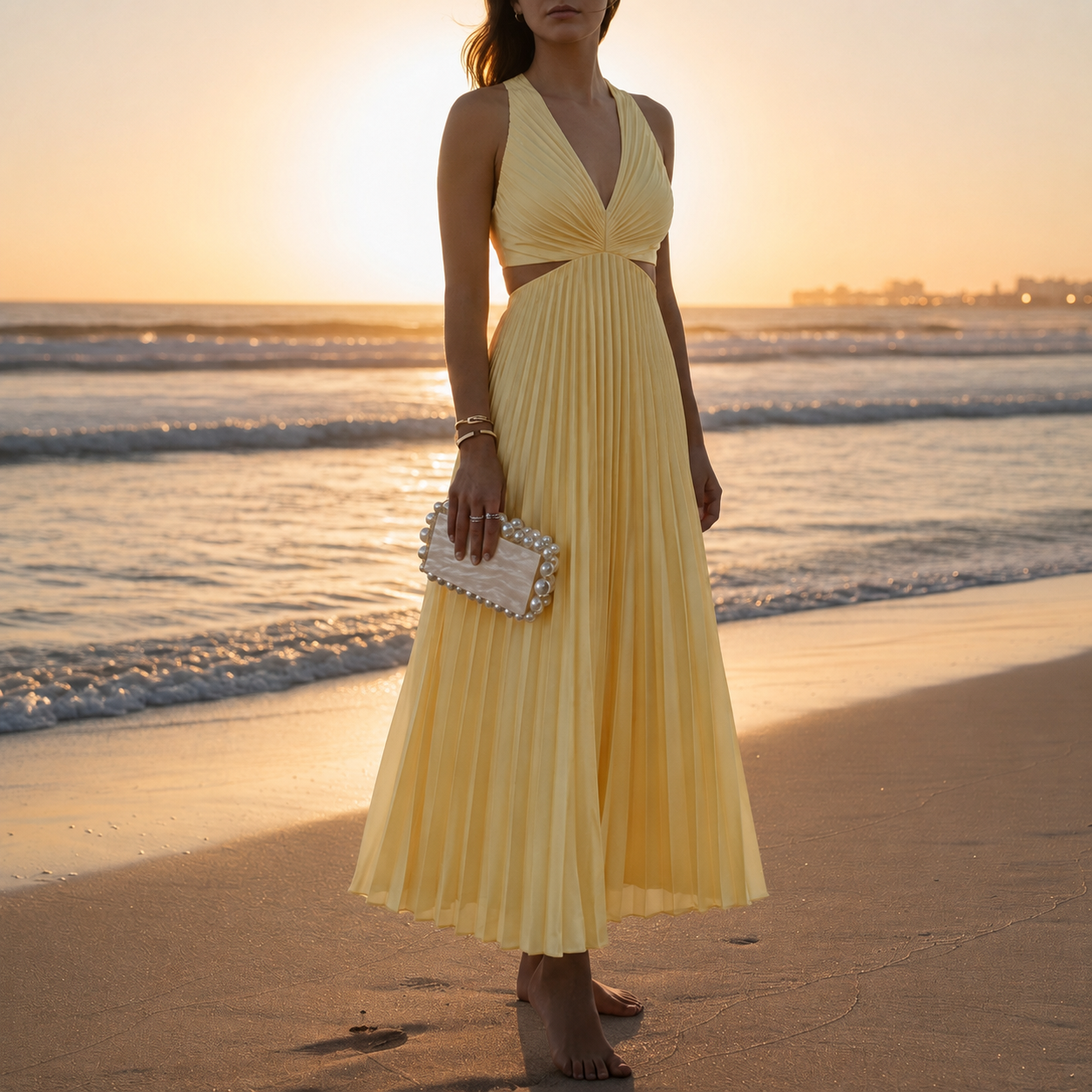 Camogli Pleated Cutout Midi Dress