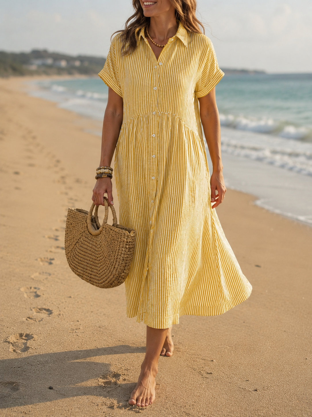 Riviera Striped Button-Up Shirt Dress