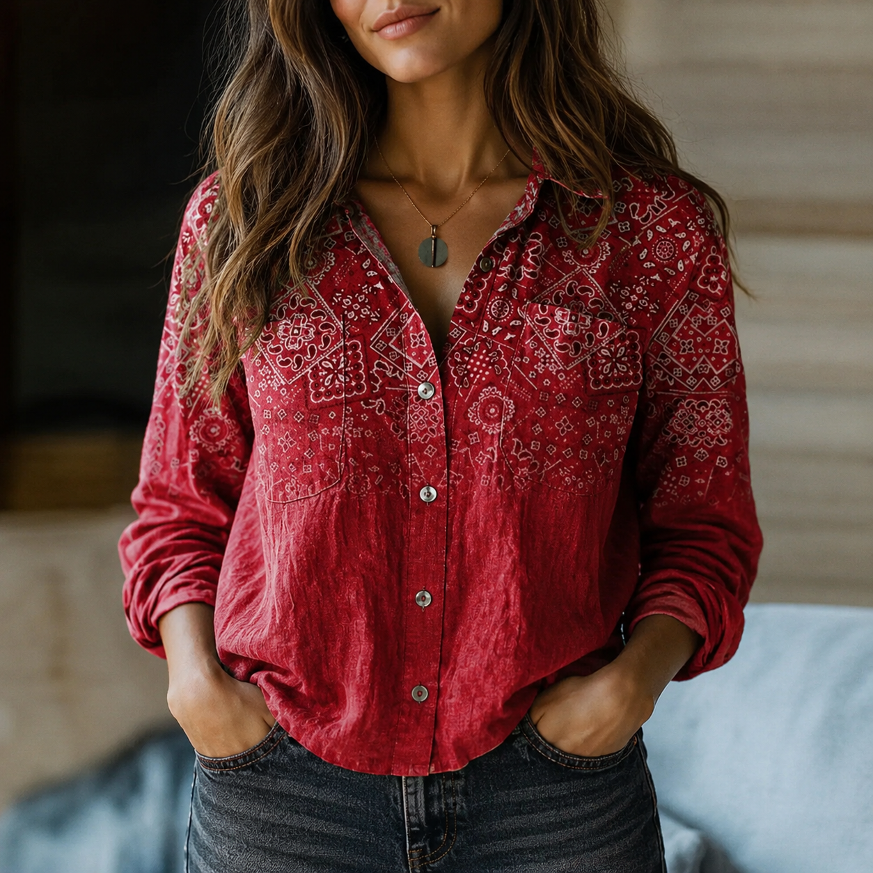 Mallorca Print Button-Up Blouse