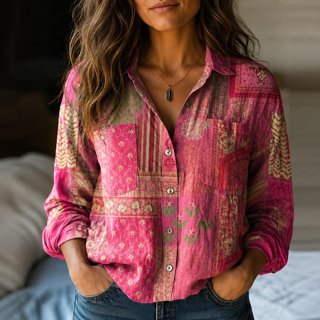 Mallorca Print Button-Up Blouse