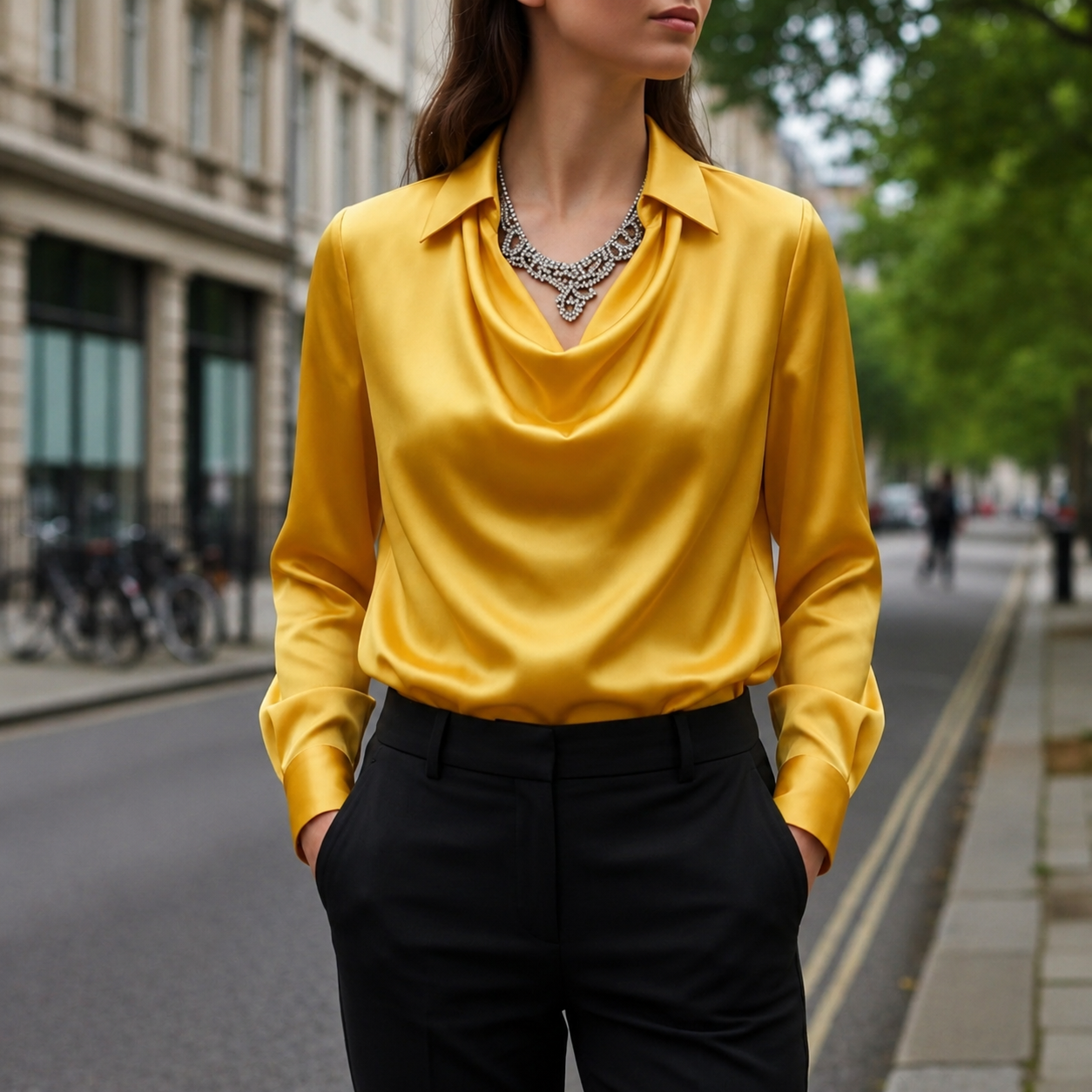 Cascade Cowl-Neck Satin Blouse
