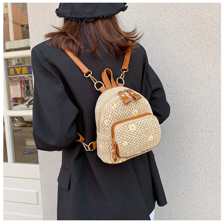 Ibiza Daisy Embroidered Straw Backpack