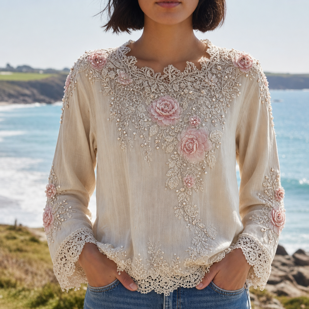 Almeria Floral Embroidered Lace Blouse in Beige