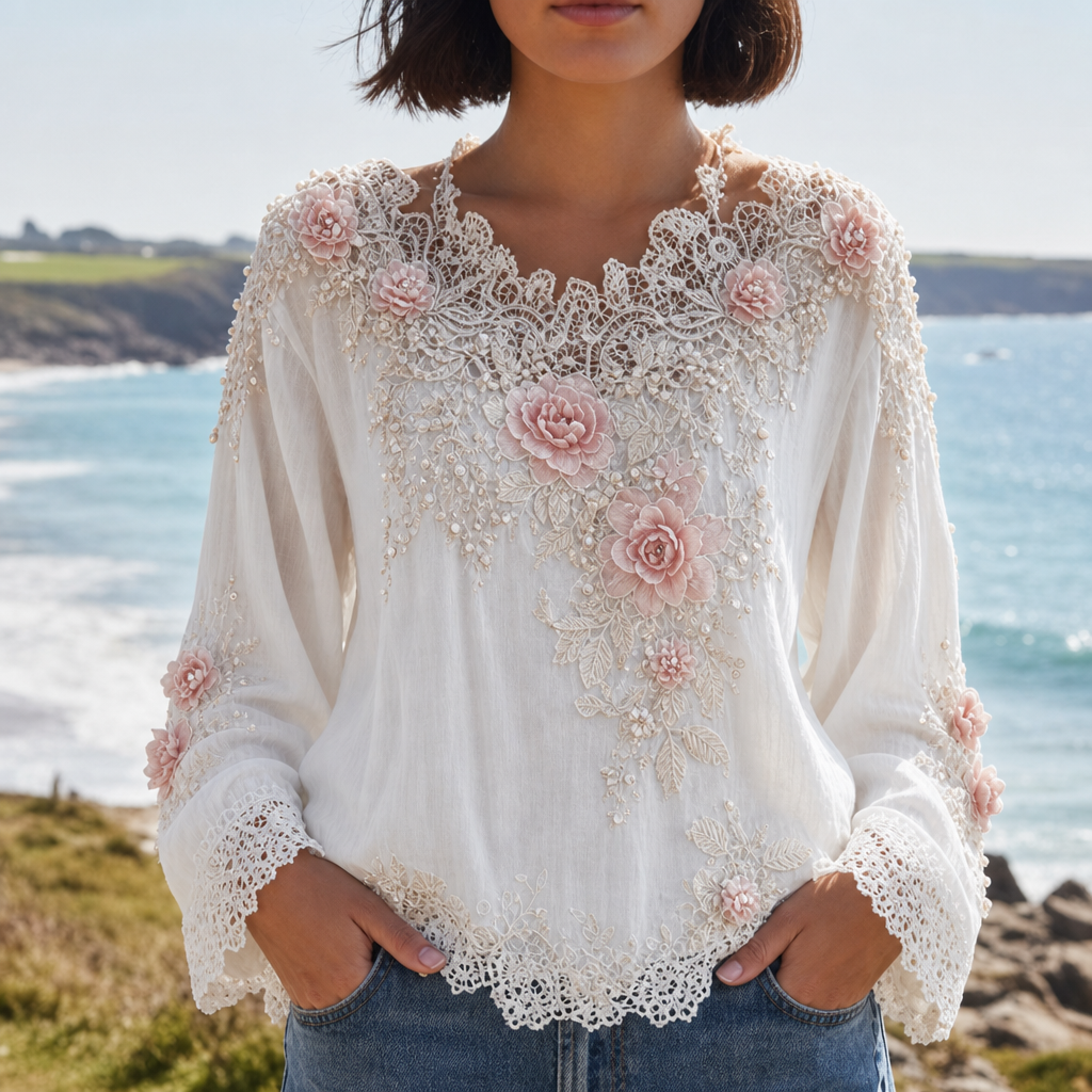 Almeria Floral Embroidered Lace Blouse in White
