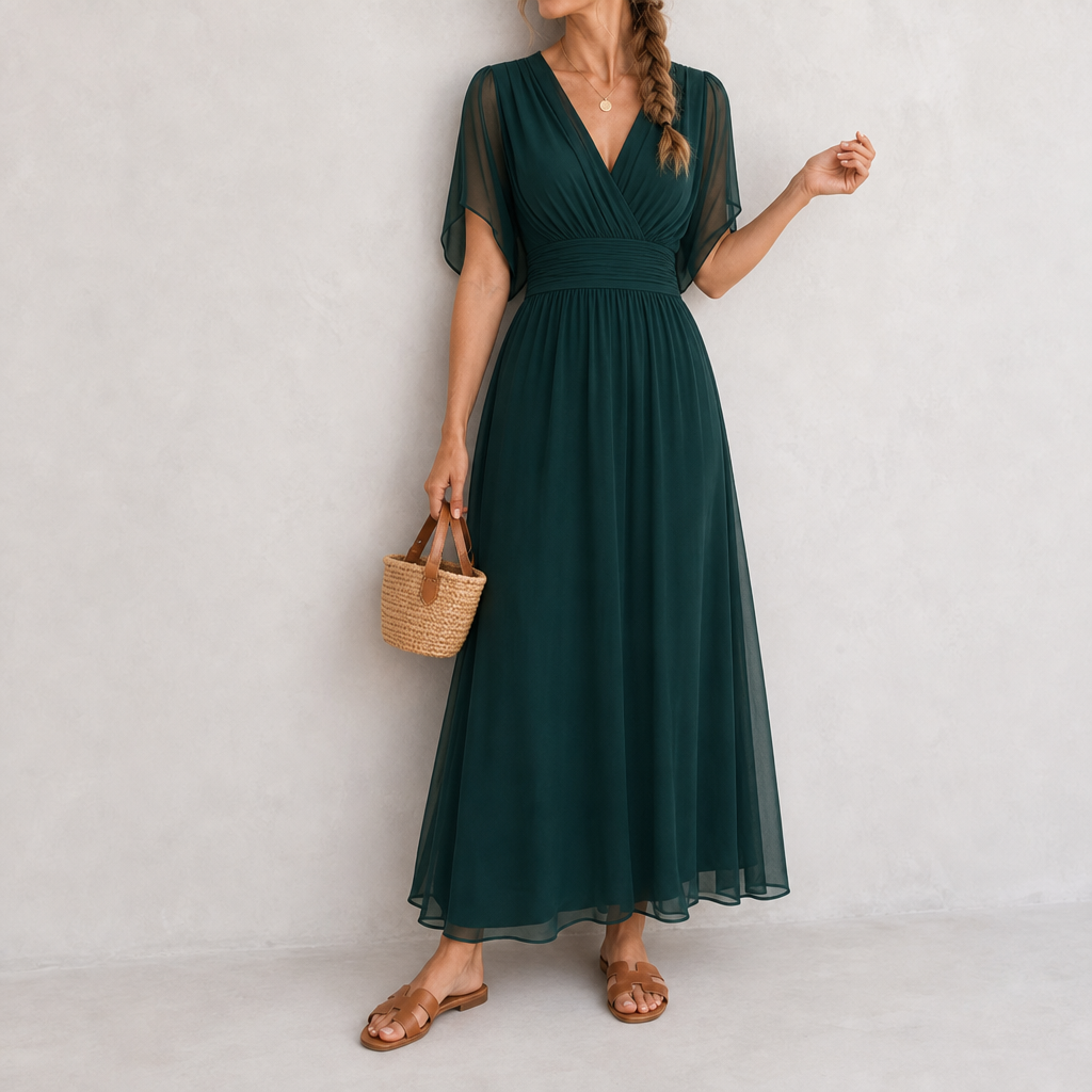 Amorgos Chiffon Wrap Maxi Dress in Dark Green