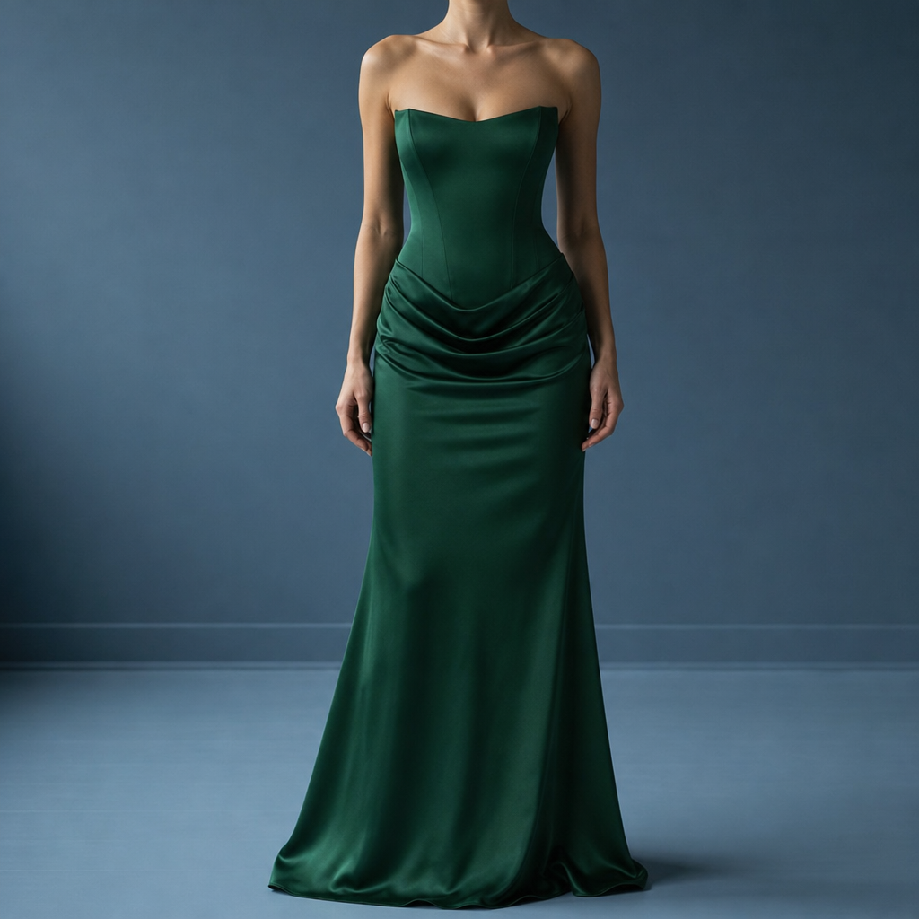 Antequera Corset Satin Maxi Dress in Emerald