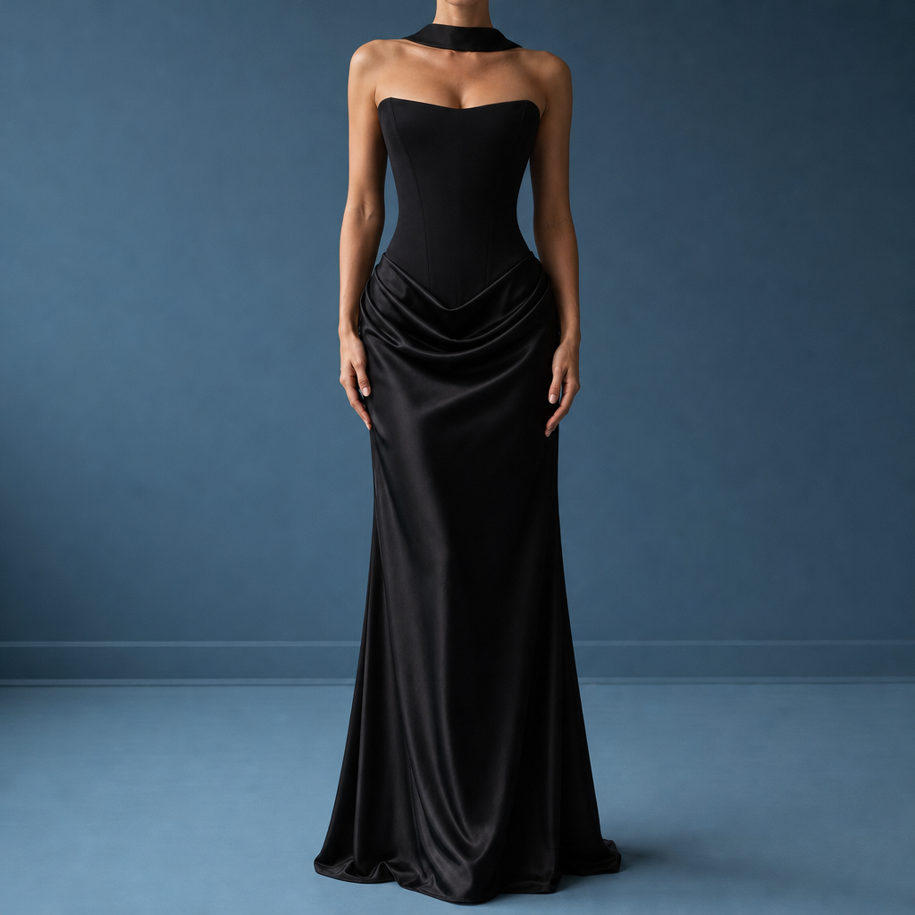 Antequera Corset Satin Maxi Dress in Black