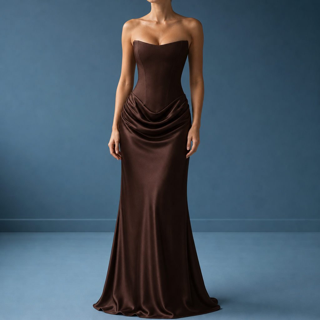 Antequera Corset Satin Maxi Dress in Brown