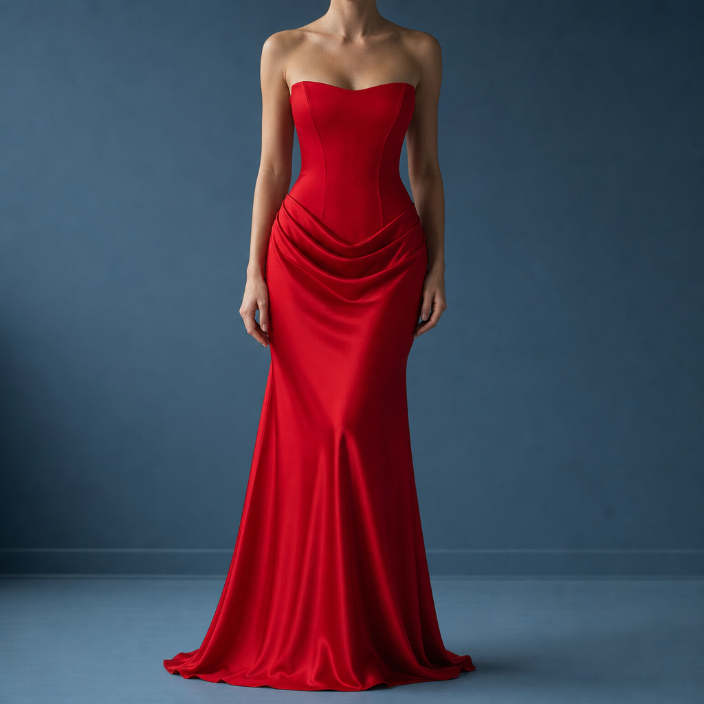 Antequera Corset Satin Maxi Dress in Red