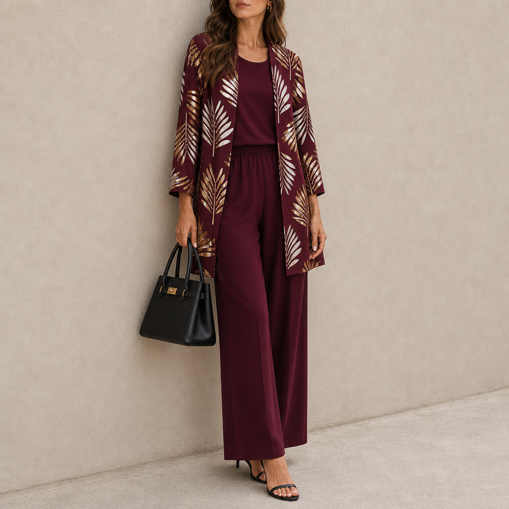 Apt Printed Three-Piece Set in Burgundy Blossom