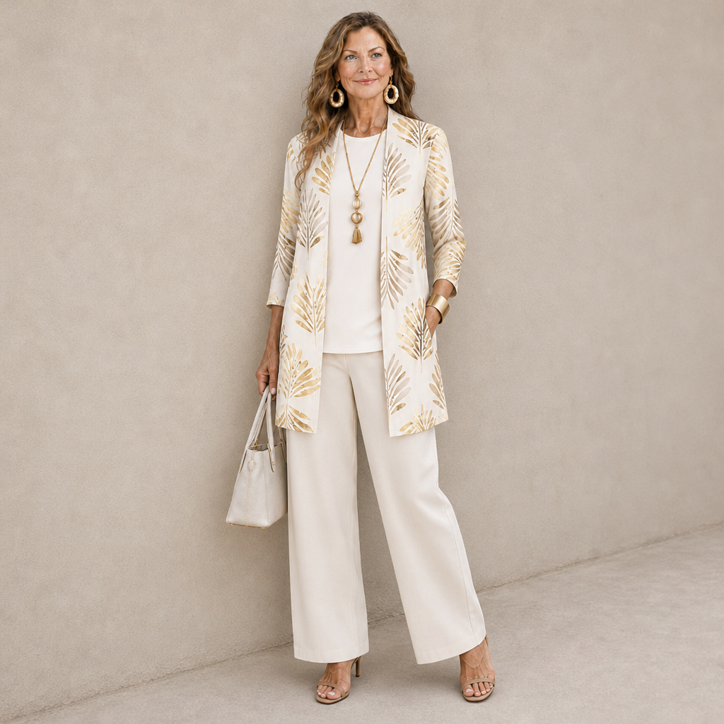 Apt Printed Three-Piece Set in Champagne Beige