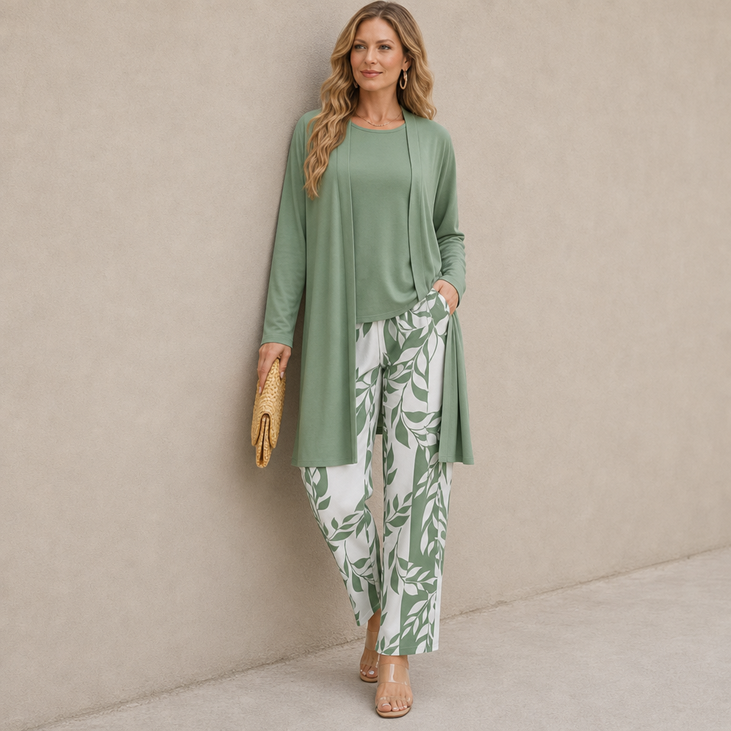 Apt Printed Three-Piece Set in Green & White