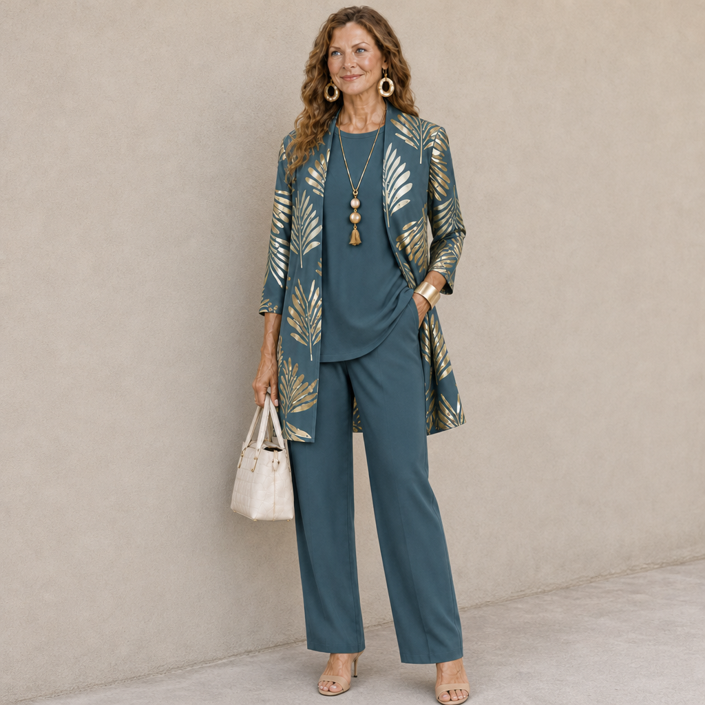 Apt Printed Three-Piece Set in Vintage Teal