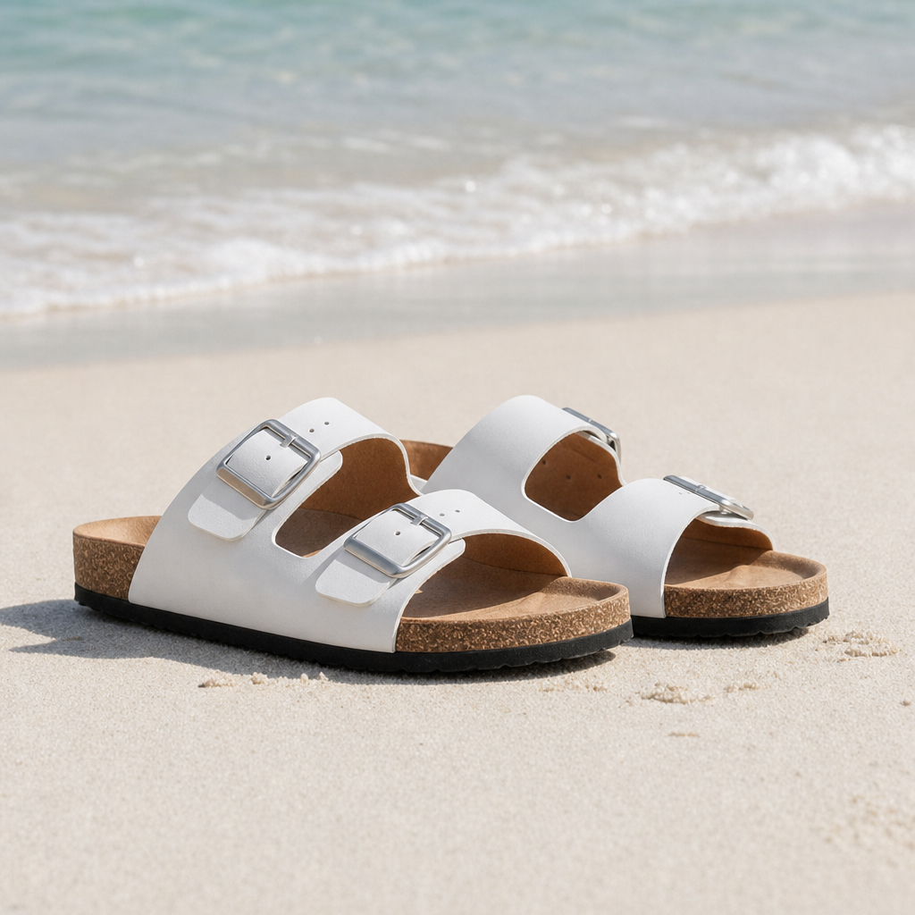 Arles Double Strap Buckle Sandals in White