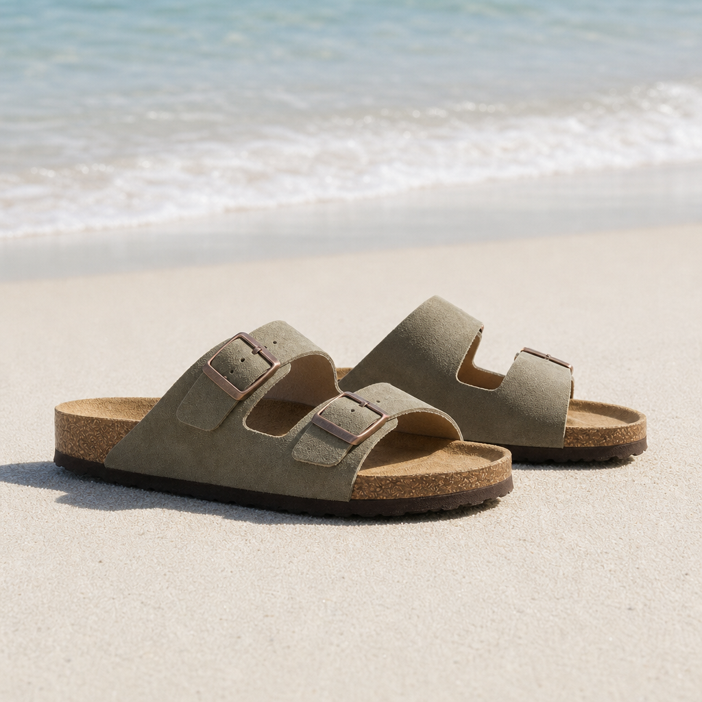 Arles Double Strap Buckle Sandals in Green