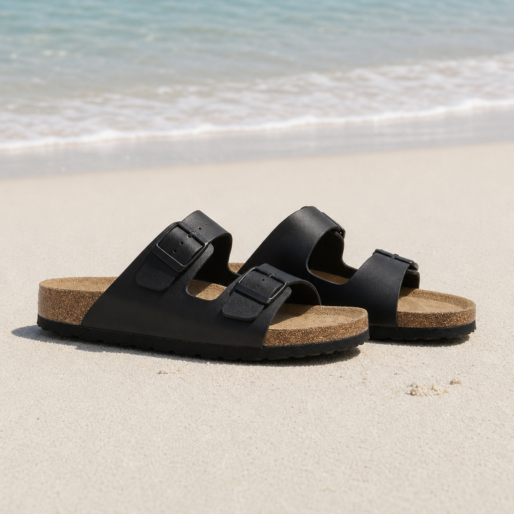 Arles Double Strap Buckle Sandals in Black