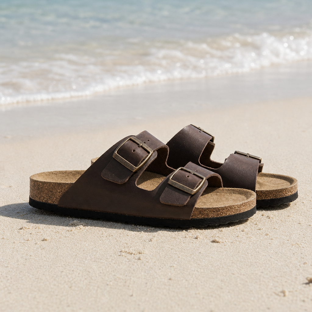 Arles Double Strap Buckle Sandals in Brown