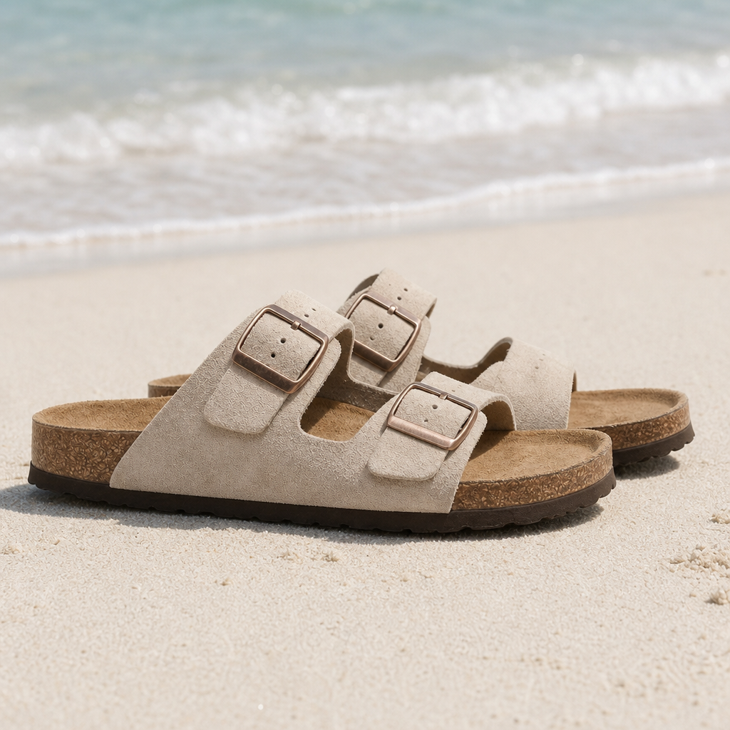 Arles Double Strap Buckle Sandals in Beige