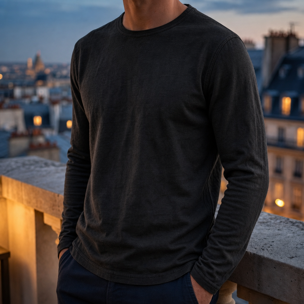 Astypalaia Textured Cotton Long-Sleeve Tee in Black