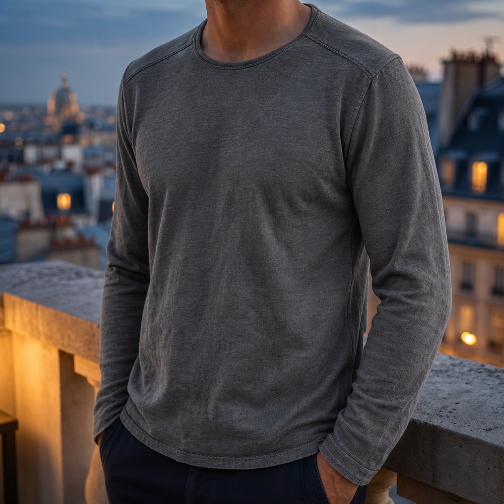 Astypalaia Textured Cotton Long-Sleeve Tee in Dark Gray