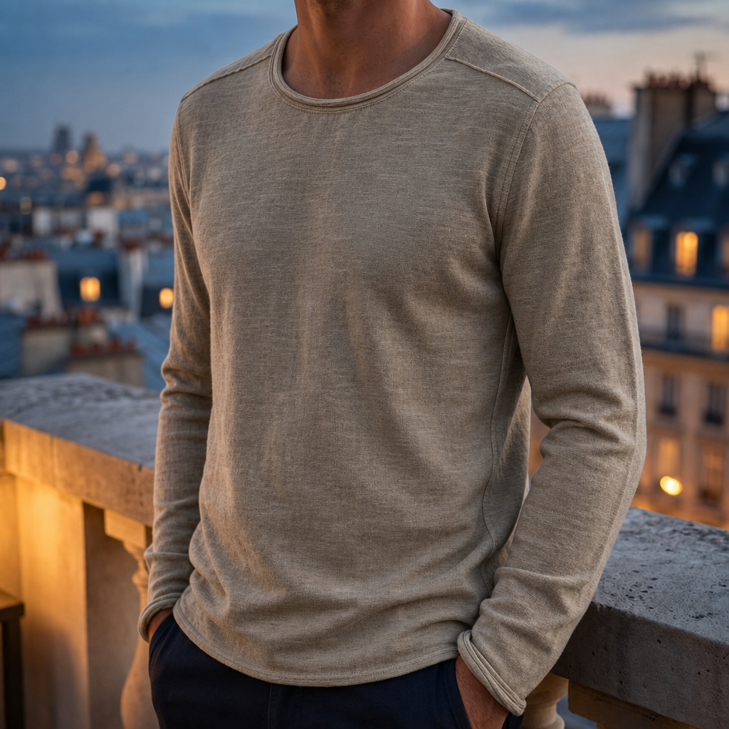 Astypalaia Textured Cotton Long-Sleeve Tee in Khaki