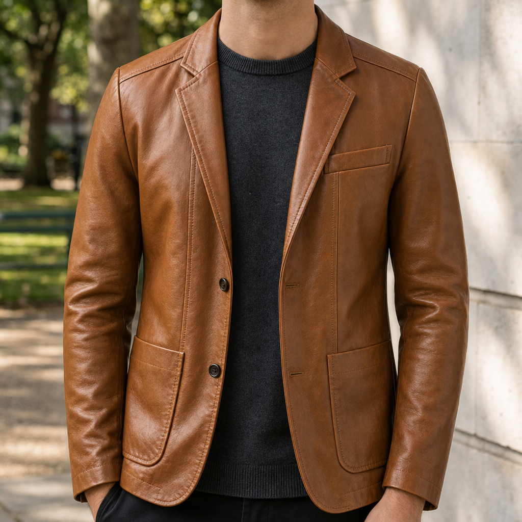 Aveiro Leather Blazer Jacket in Brown