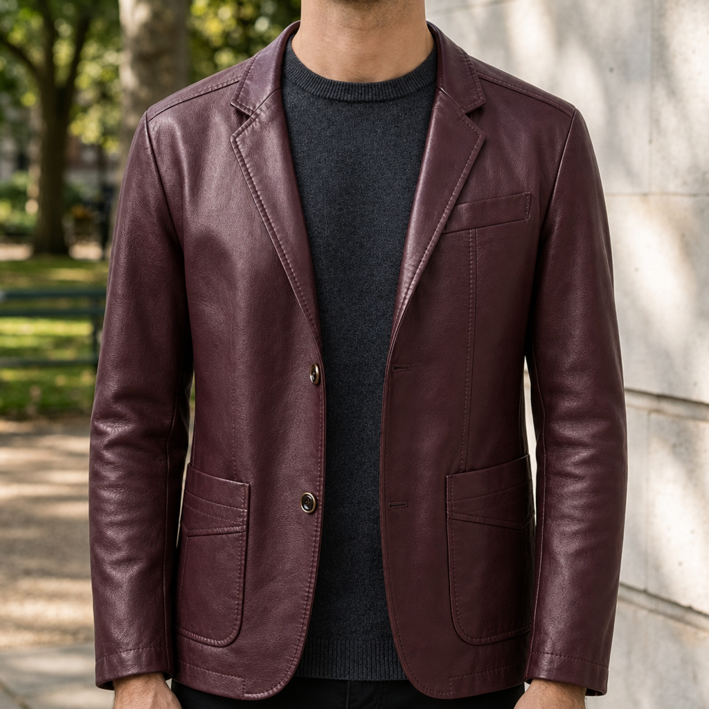 Aveiro Leather Blazer Jacket in Burgundy