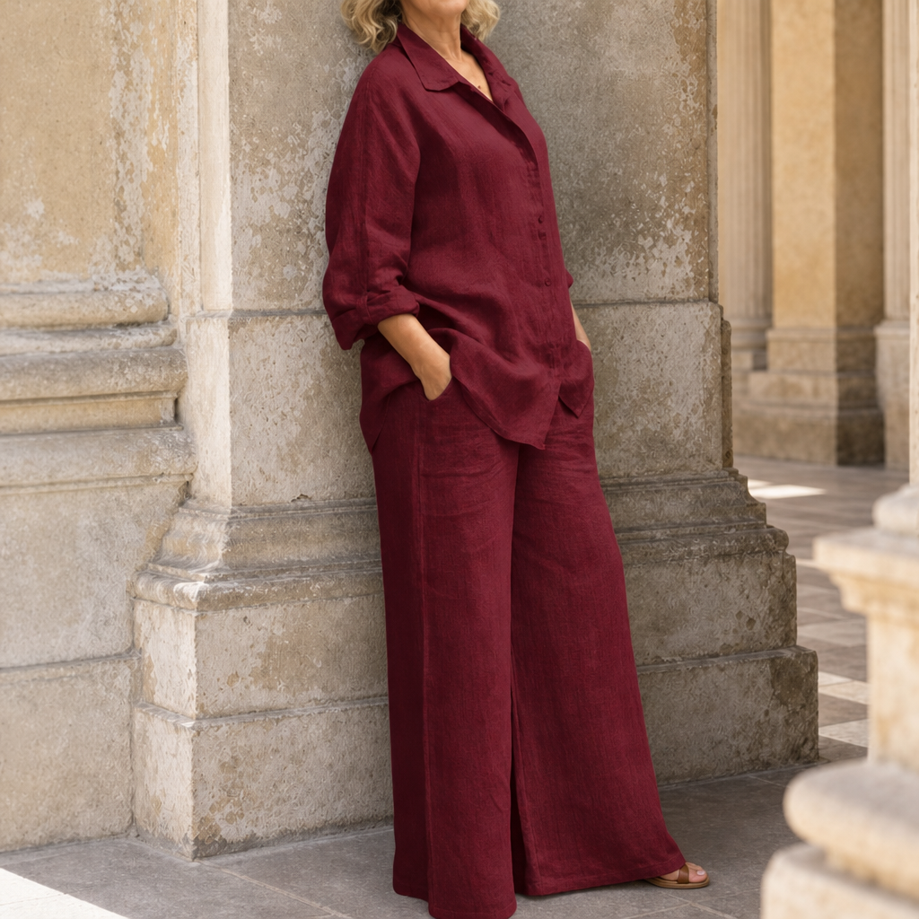 Avignon Linen Two-Piece Set in Burgundy