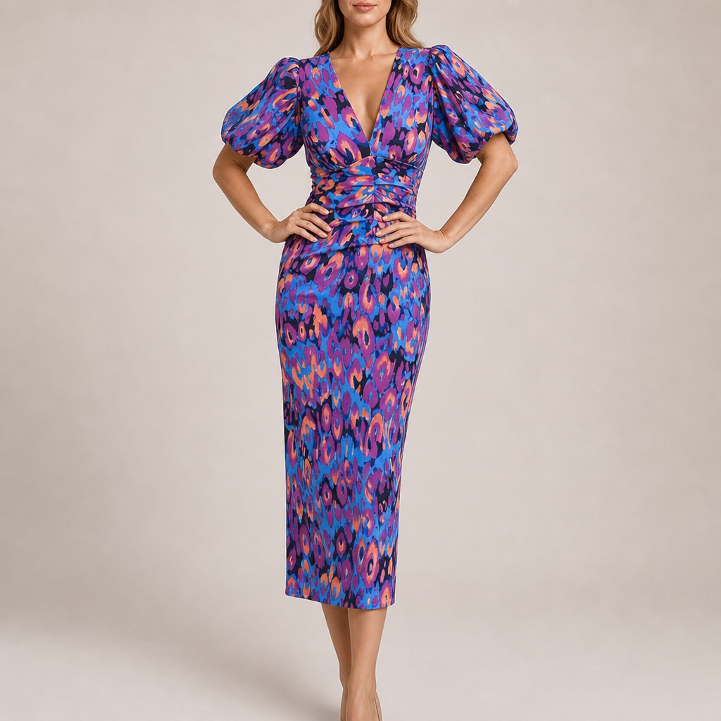 Avila Puff Sleeve Midi Dress in Purple