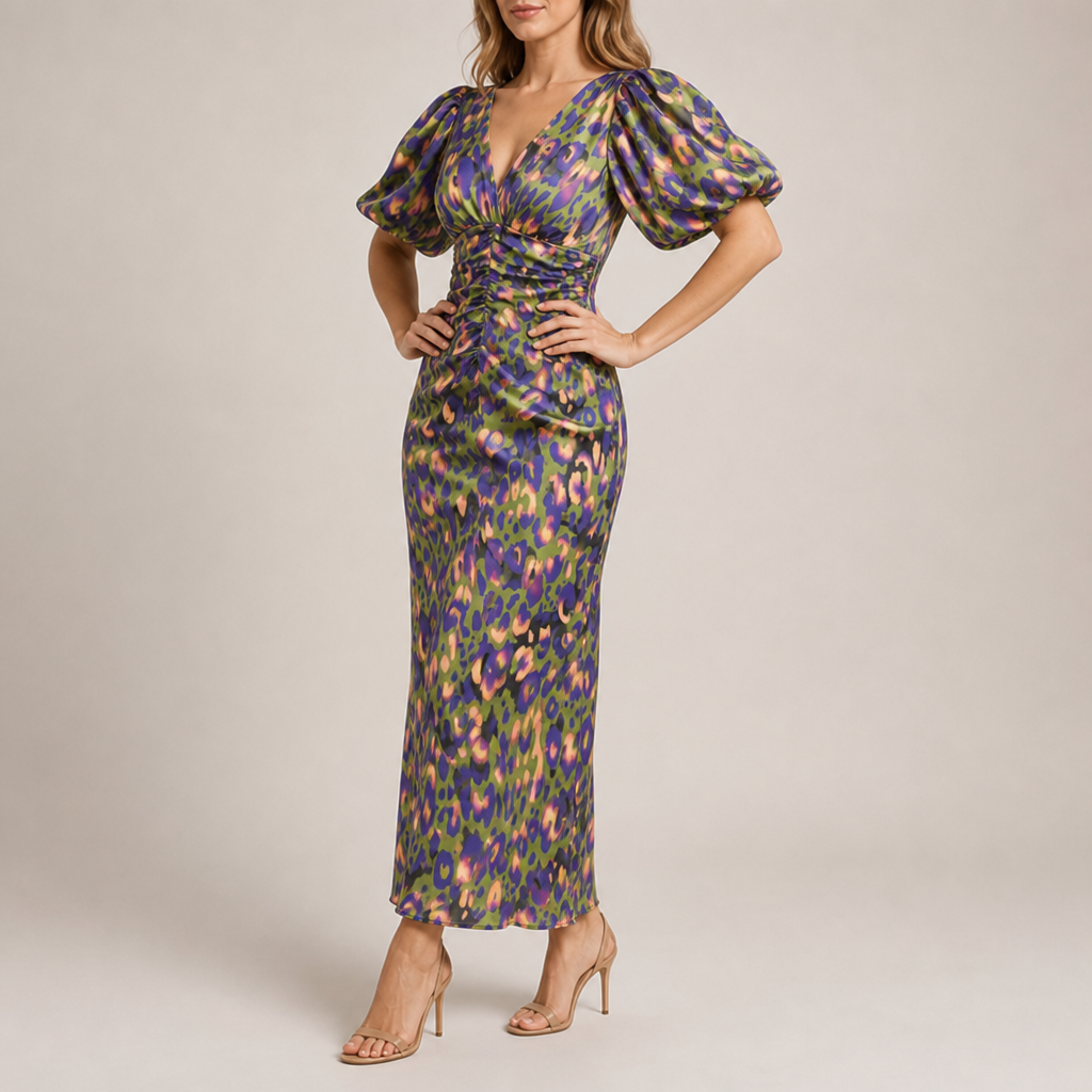 Avila Puff Sleeve Midi Dress in Multicolor