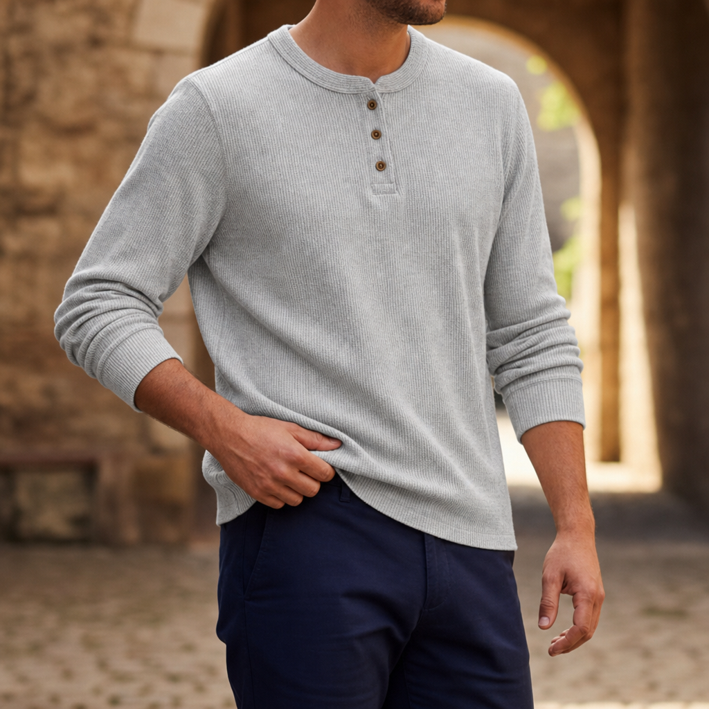 Bandol Waffle Knit Henley in Light Gray