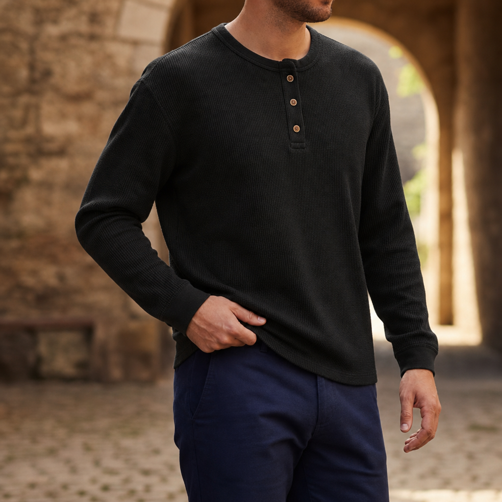 Bandol Waffle Knit Henley in Black