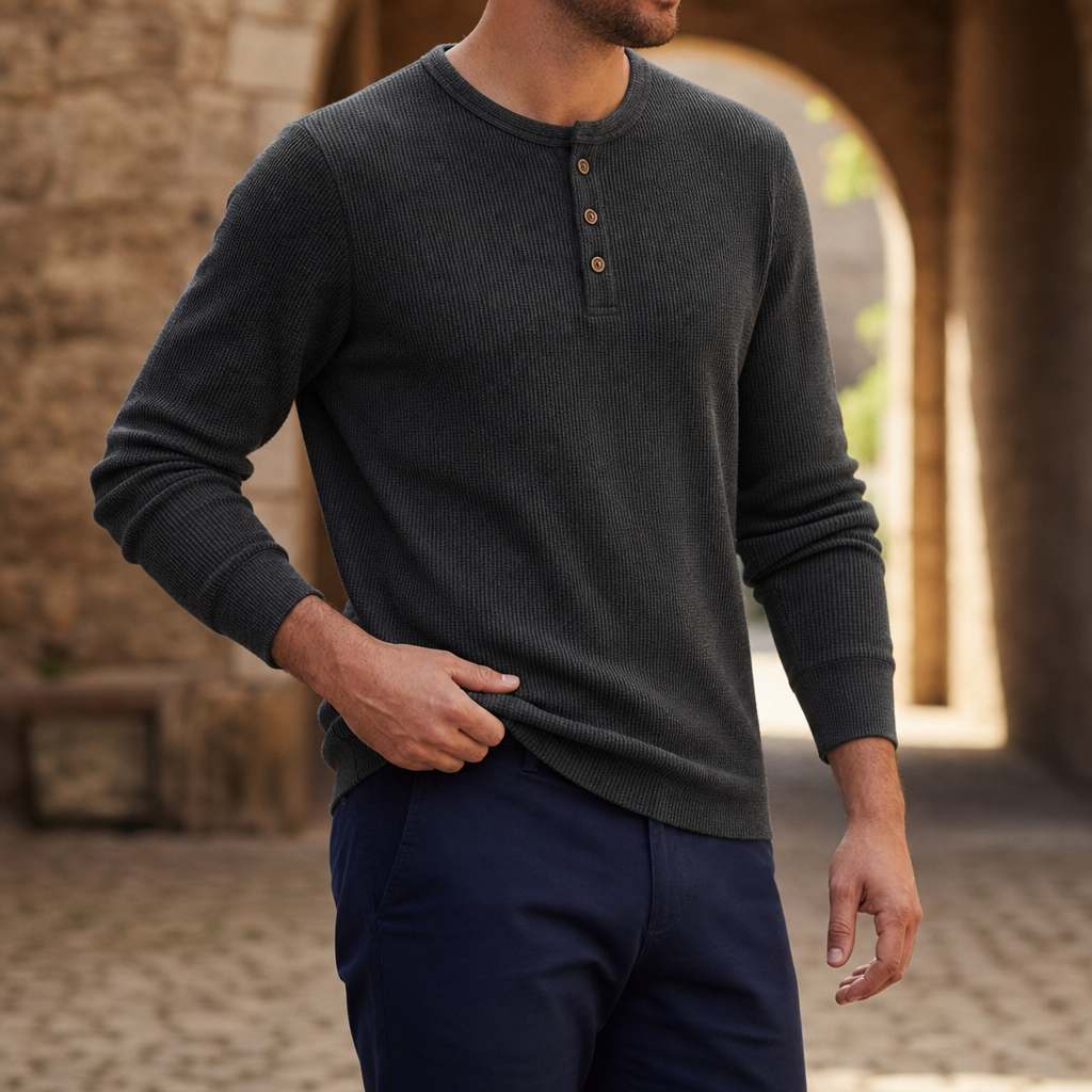 Bandol Waffle Knit Henley in Dark Gray