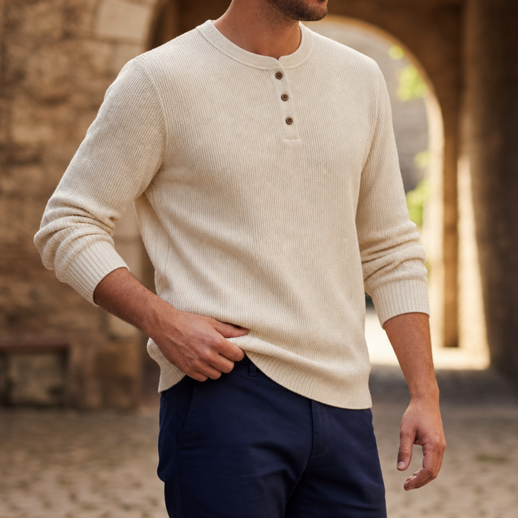 Bandol Waffle Knit Henley in Cream