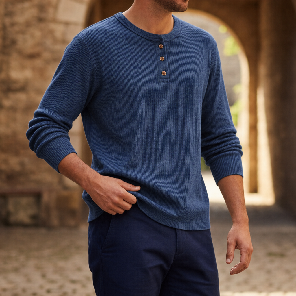Bandol Waffle Knit Henley in Navy Blue