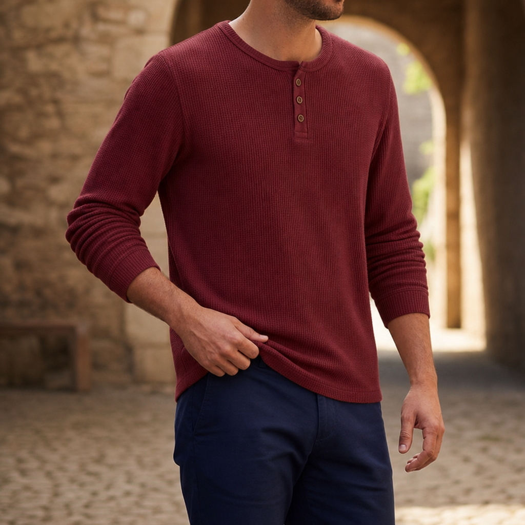 Bandol Waffle Knit Henley in Wine Red