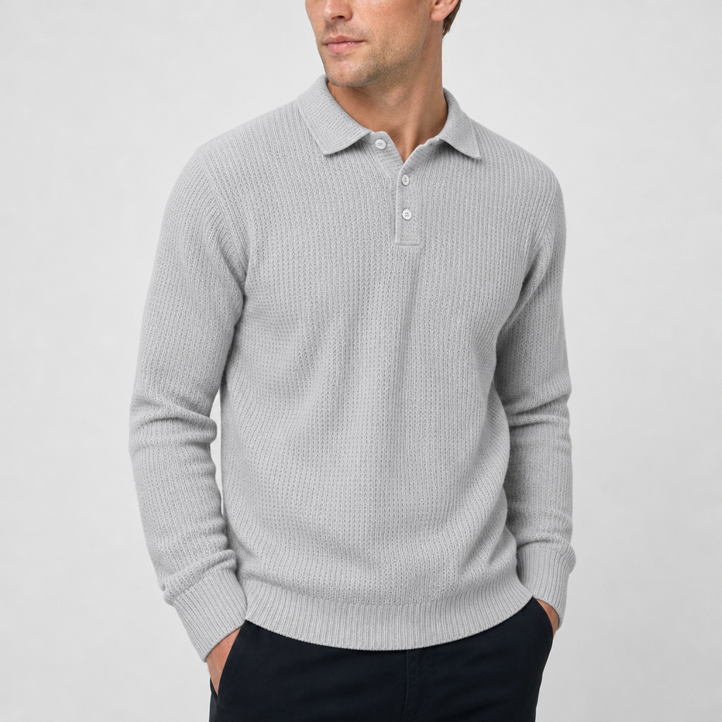 Begur Waffle Knit Polo Sweater in Light Gray