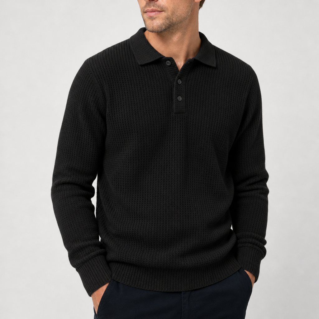 Begur Waffle Knit Polo Sweater in Black