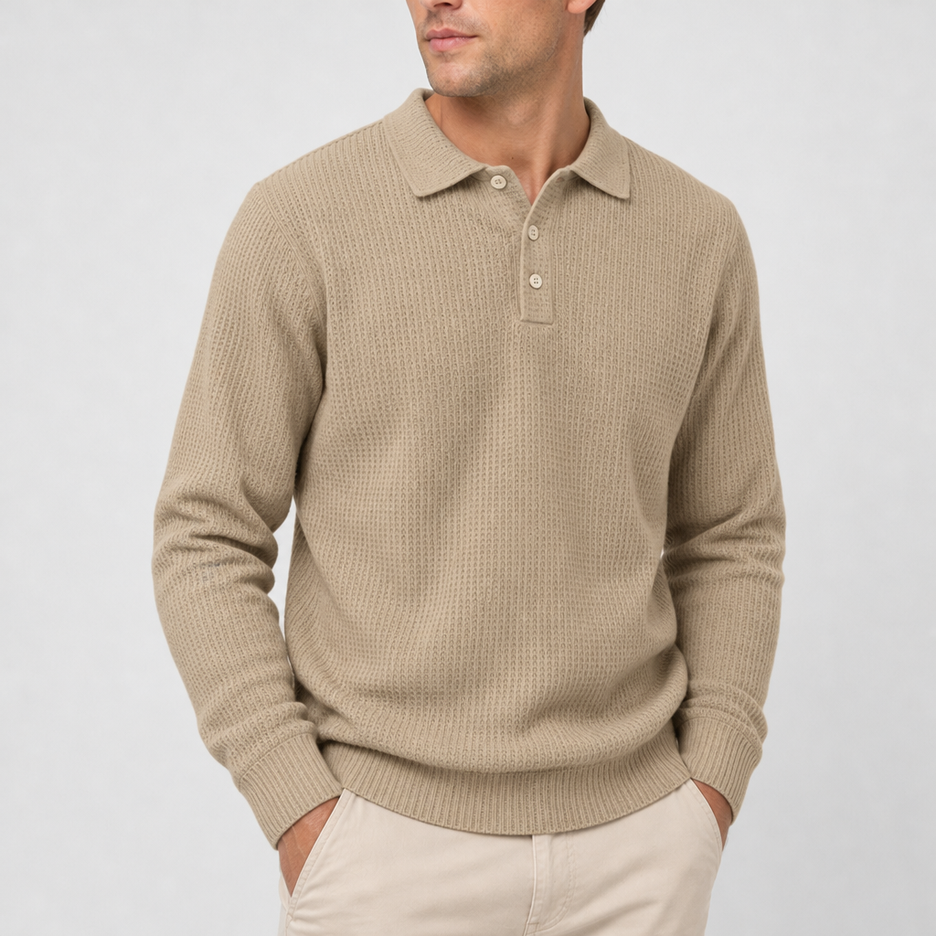 Begur Waffle Knit Polo Sweater in Khaki