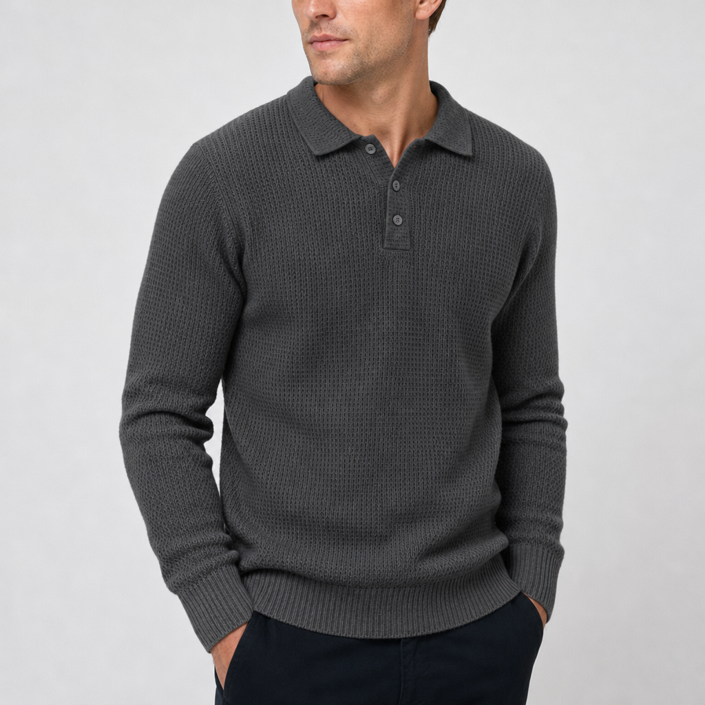 Begur Waffle Knit Polo Sweater in Dark Gray