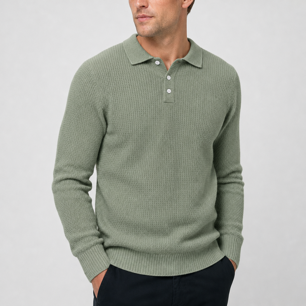 Begur Waffle Knit Polo Sweater in Sage Green