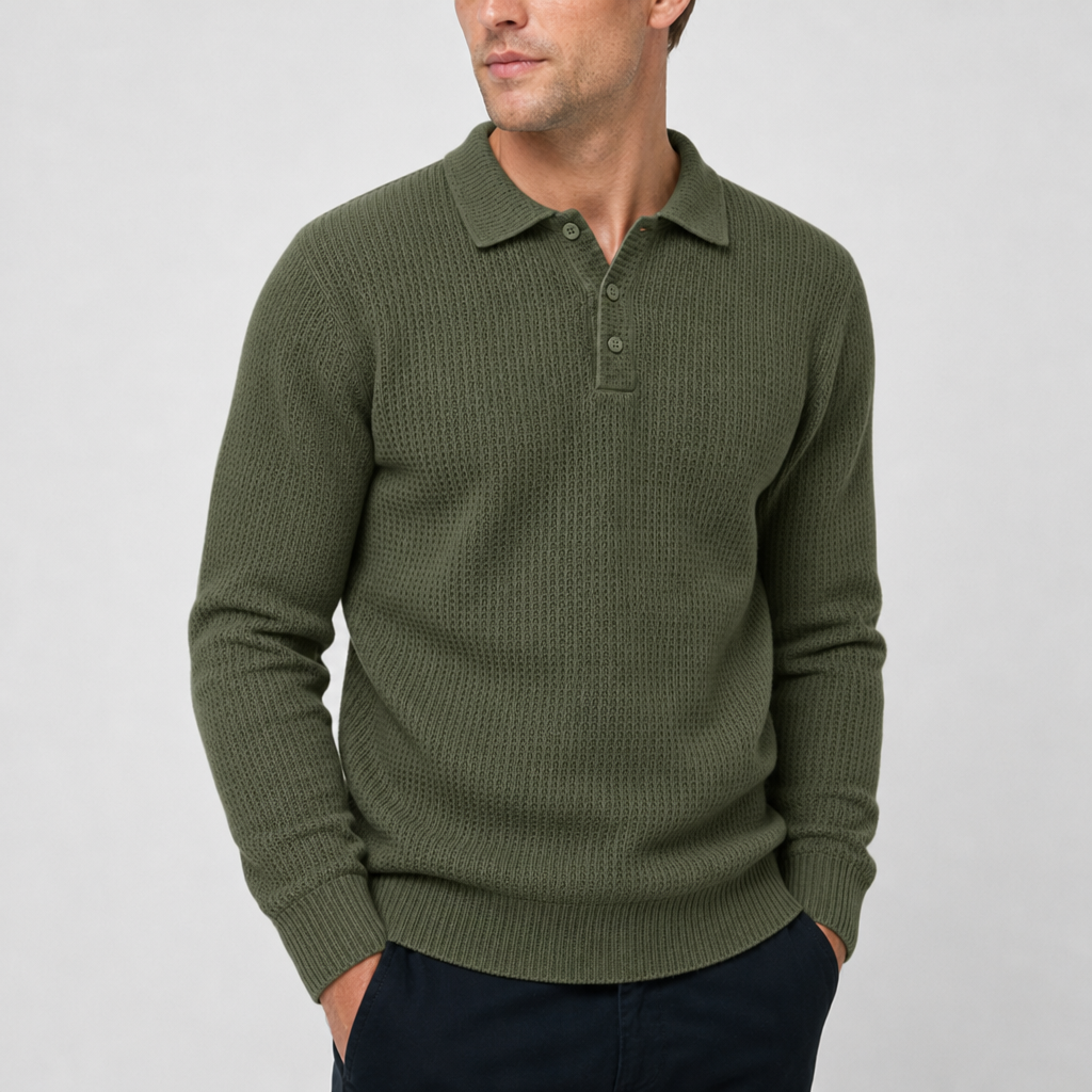 Begur Waffle Knit Polo Sweater in Olive Green