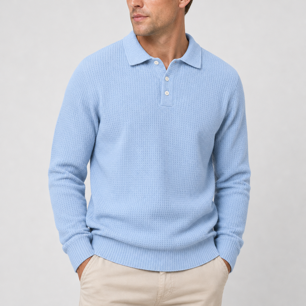 Begur Waffle Knit Polo Sweater in Light Blue