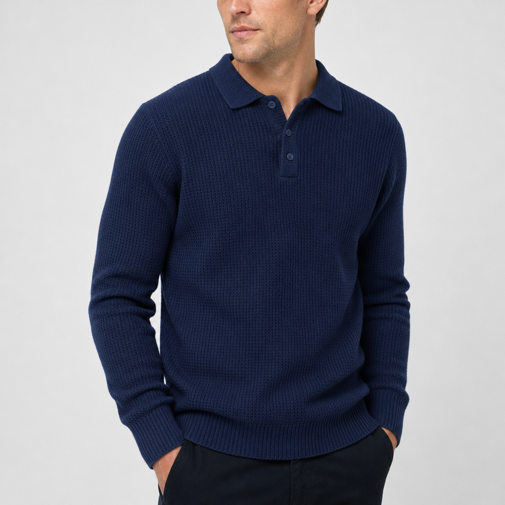 Begur Waffle Knit Polo Sweater in Navy