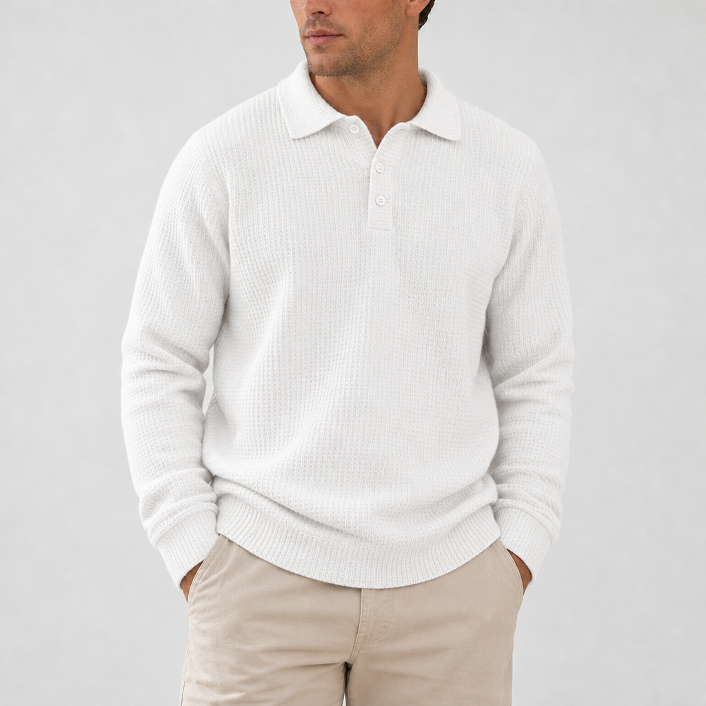 Begur Waffle Knit Polo Sweater in White