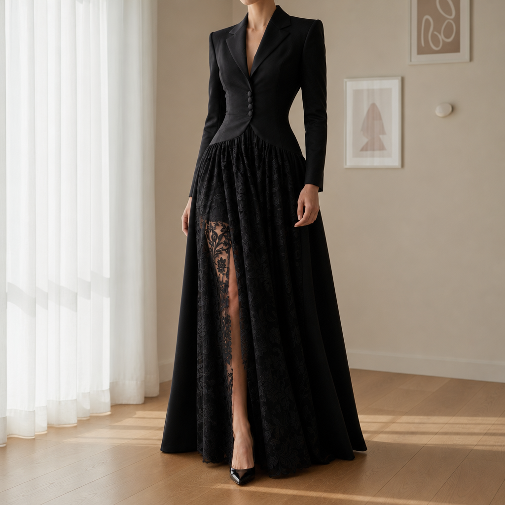 Beziers Lace Panel Blazer Maxi Dress in Black