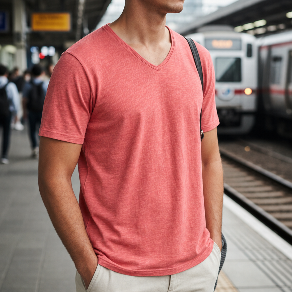 Biot V-Neck Cotton Tee in Salmon