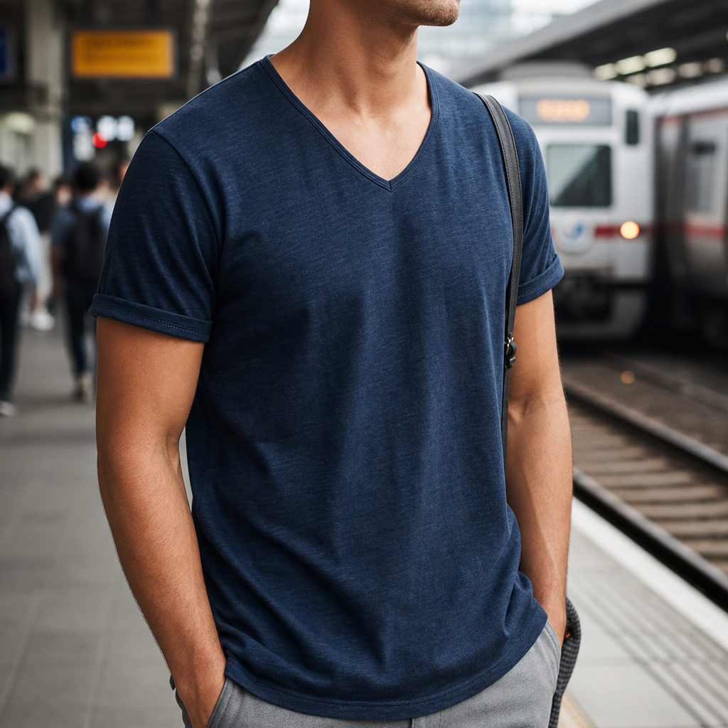 Biot V-Neck Cotton Tee in Navy