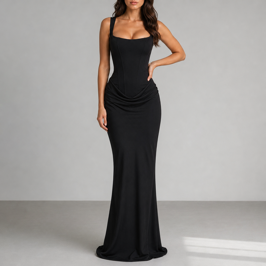 Birgu Ruched Corset Maxi Dress in Black